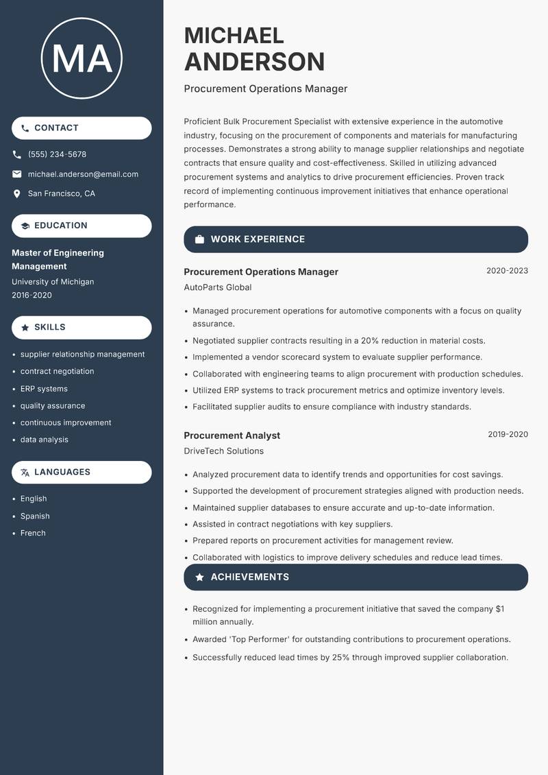Bulk Procurement Specialist resume sample — Procurement Operations Manager focus