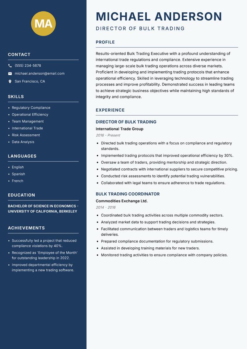 Bulk Trading Executive resume sample — Director of Bulk Trading focus