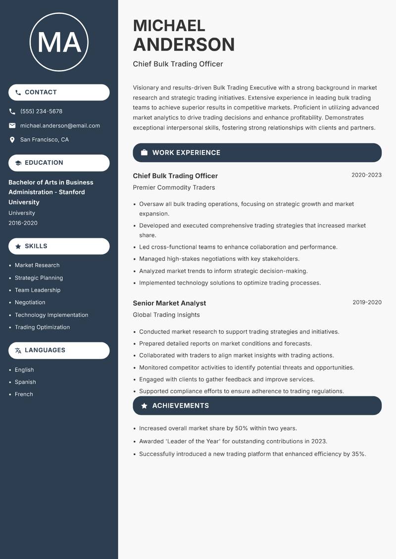 Bulk Trading Executive resume sample — Chief Bulk Trading Officer focus