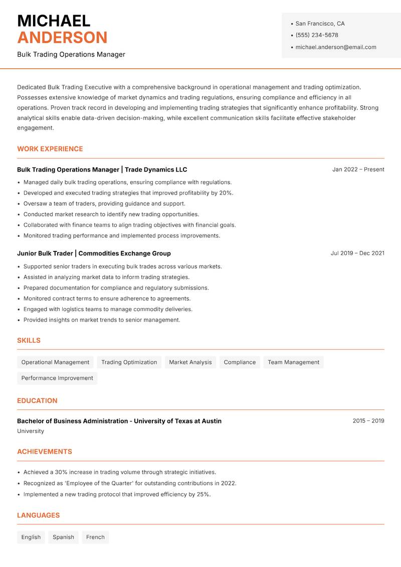 Bulk Trading Executive resume sample — Bulk Trading Operations Manager focus