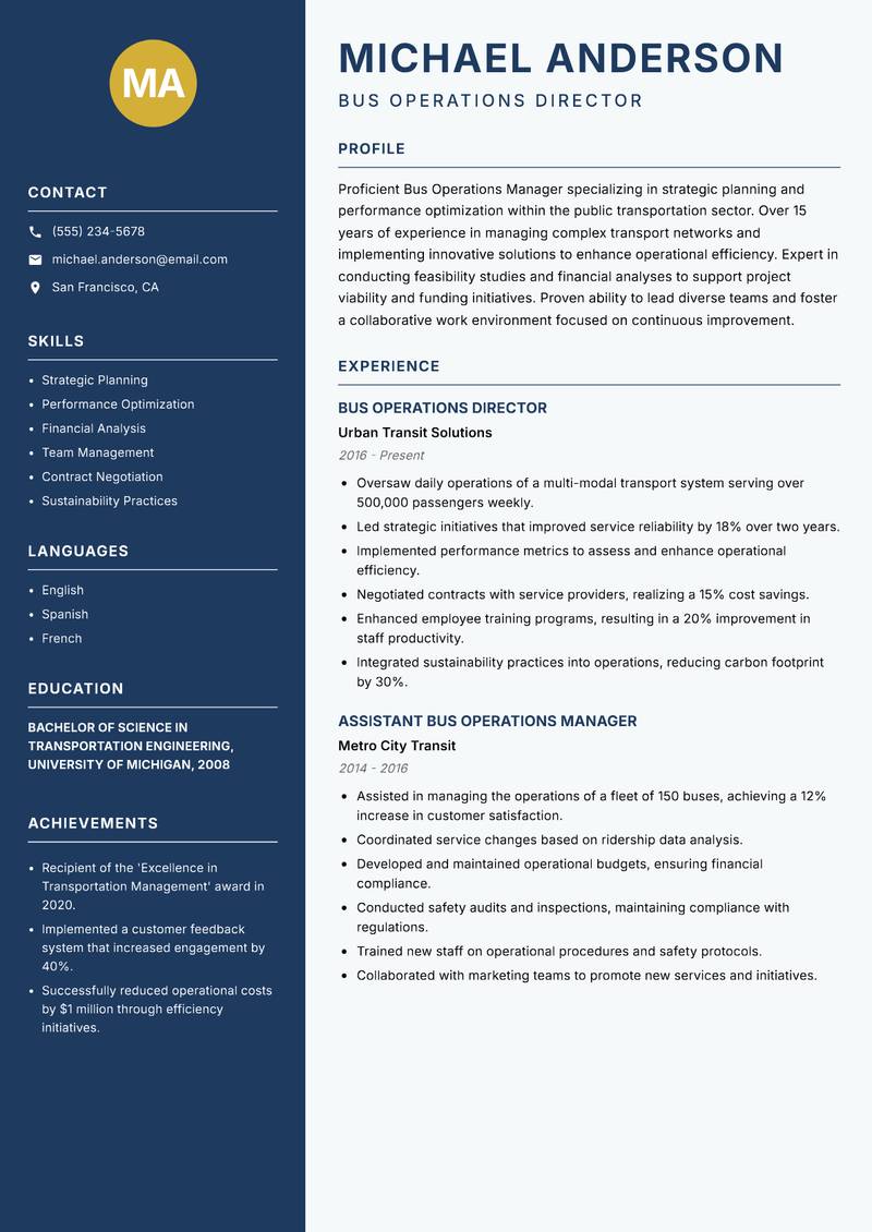 Bus Operations Manager resume sample — Bus Operations Director focus