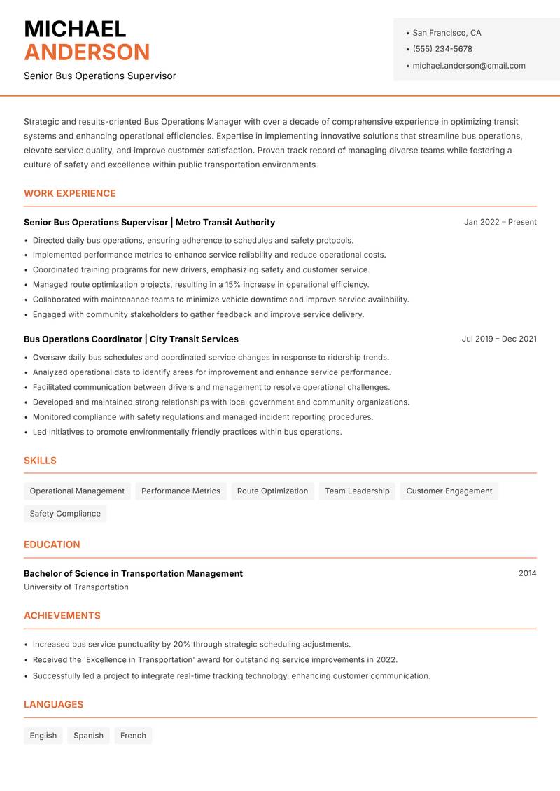 Bus Operations Manager resume sample — Senior Bus Operations Supervisor focus