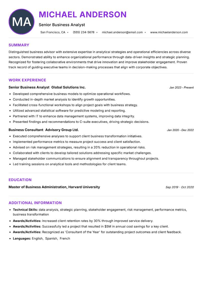 Business Advisor Analysis resume example