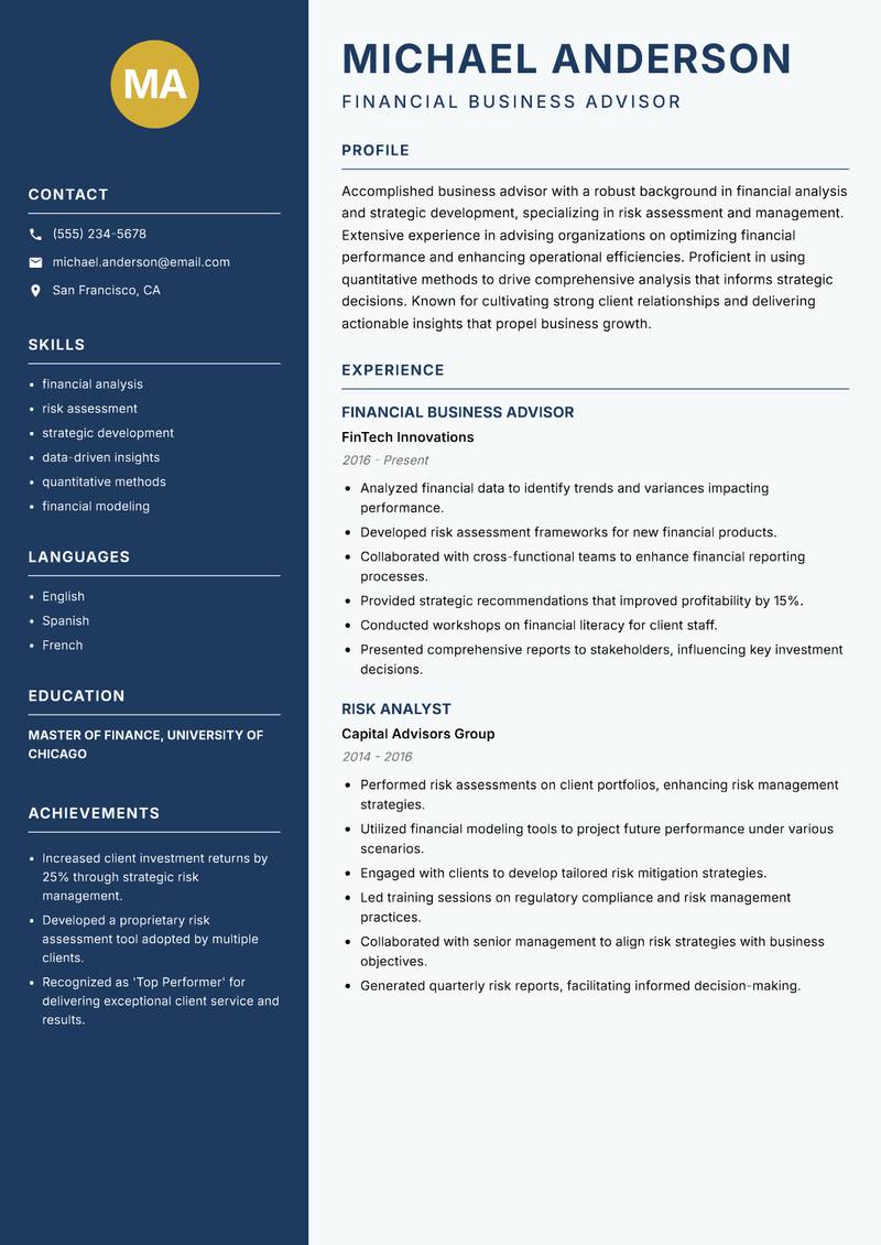 Business Advisor Analysis resume sample — Financial Business Advisor focus