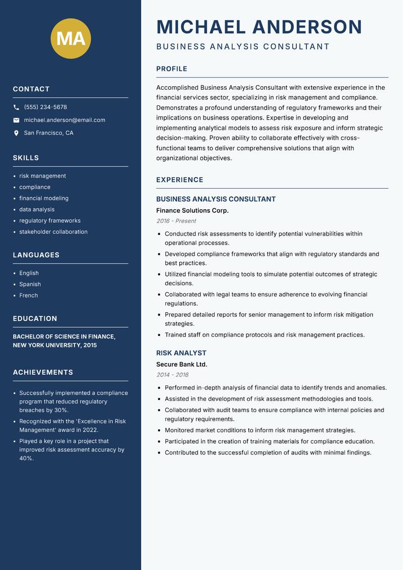 Business Analysis Consultant resume sample — Business Analysis Consultant focus