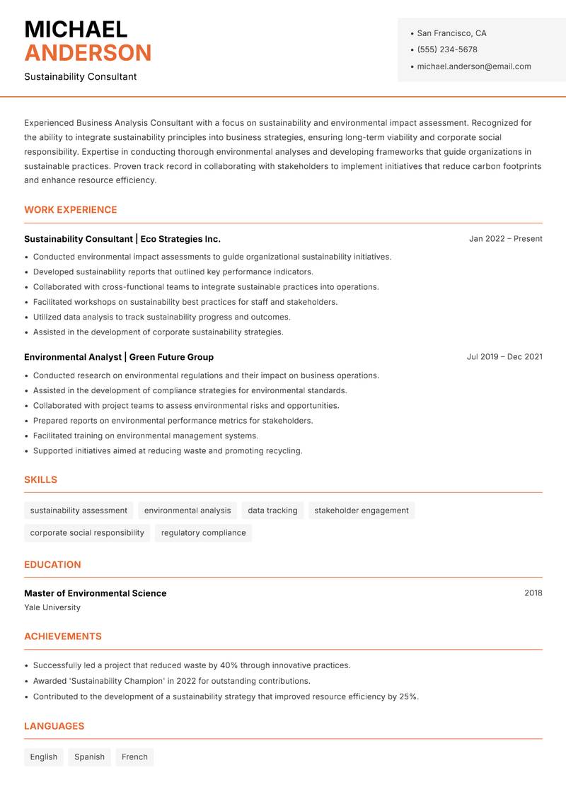 Business Analysis Consultant resume sample — Sustainability Consultant focus