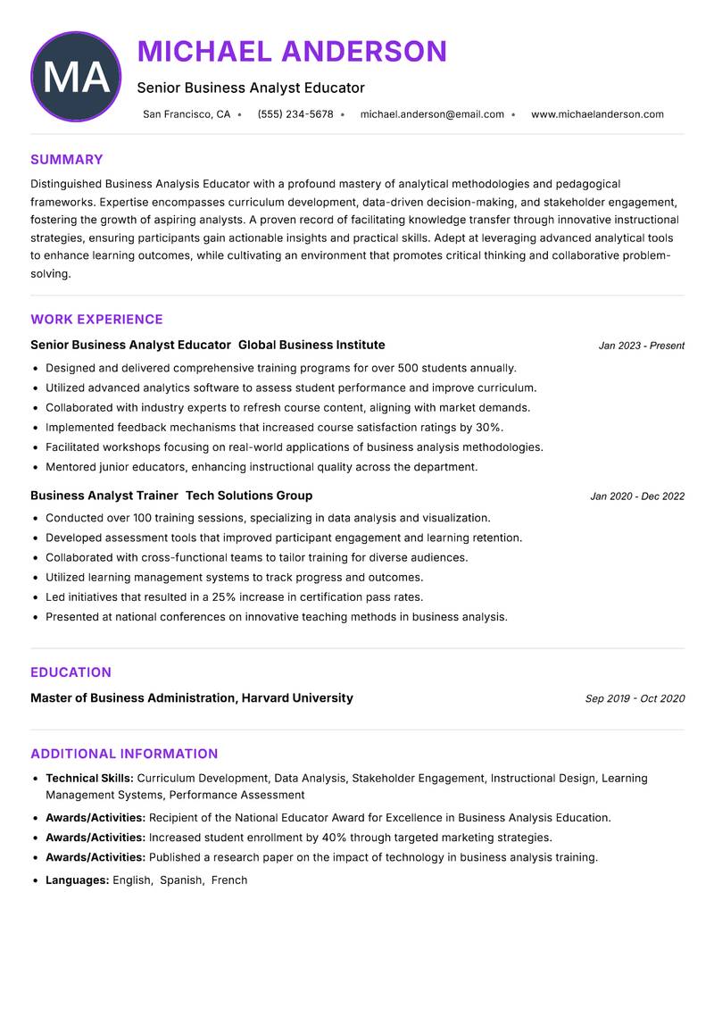 Business Analysis Educator resume example