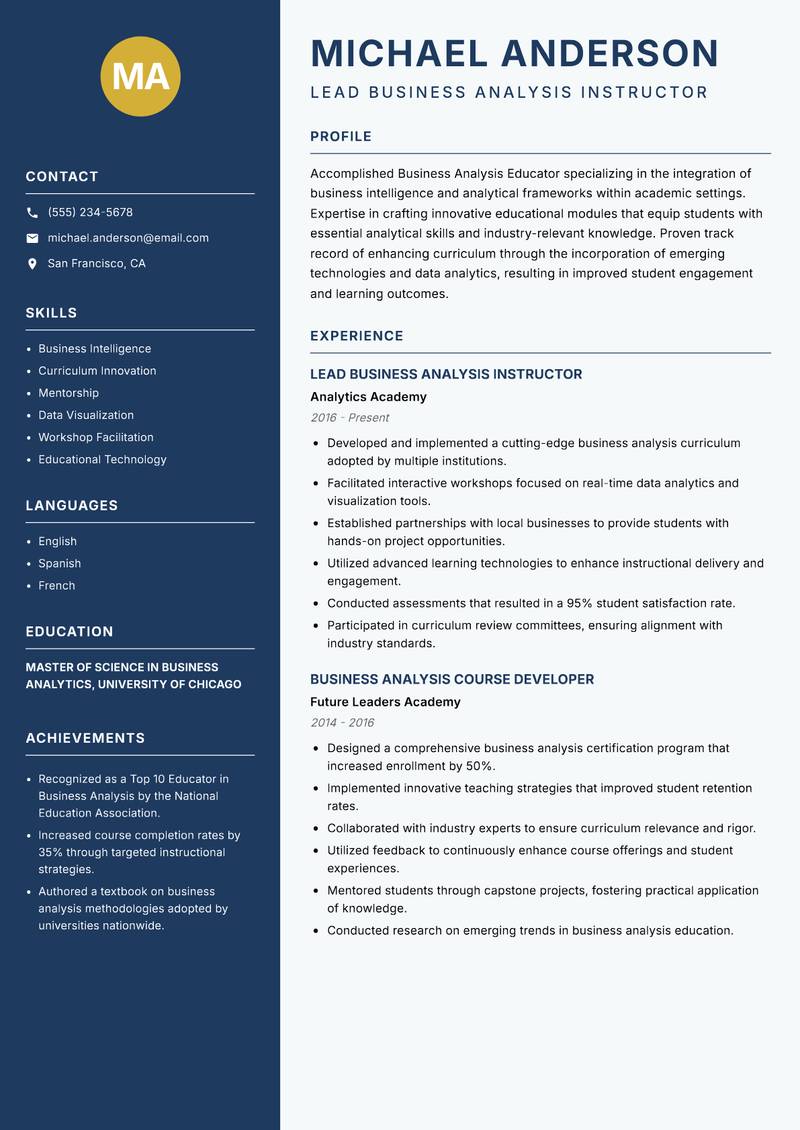 Business Analysis Educator resume sample — Lead Business Analysis Instructor focus