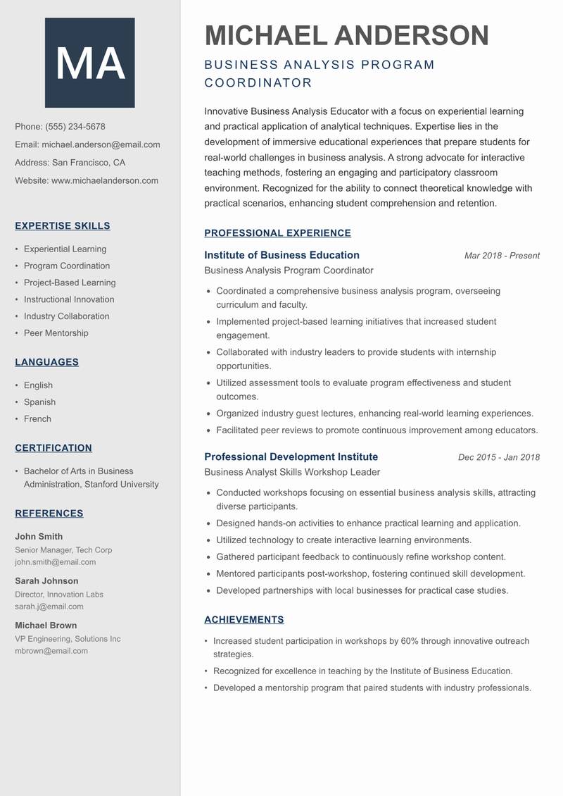 Business Analysis Educator resume sample — Business Analysis Program Coordinator focus