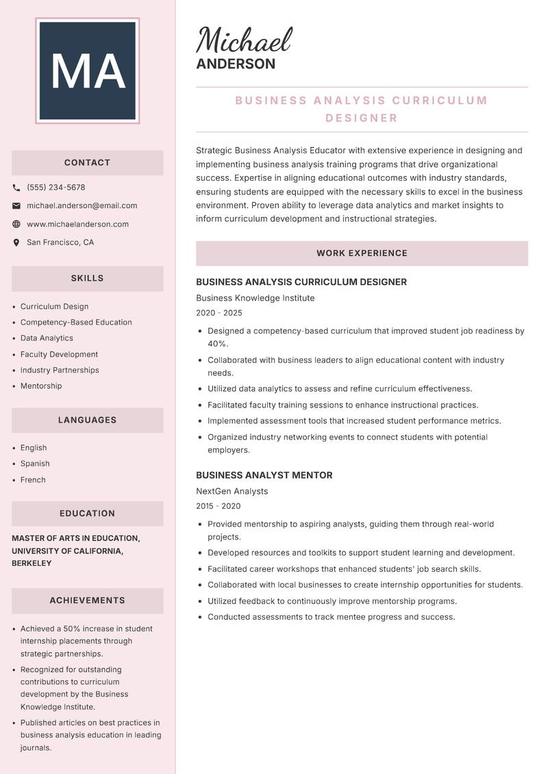 Business Analysis Educator resume sample — Business Analysis Curriculum Designer focus