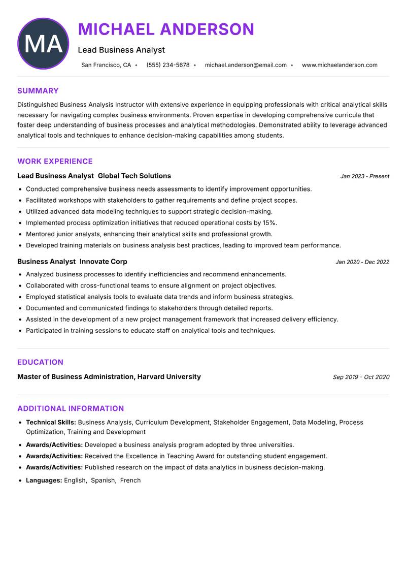 Business Analysis Instructor resume example
