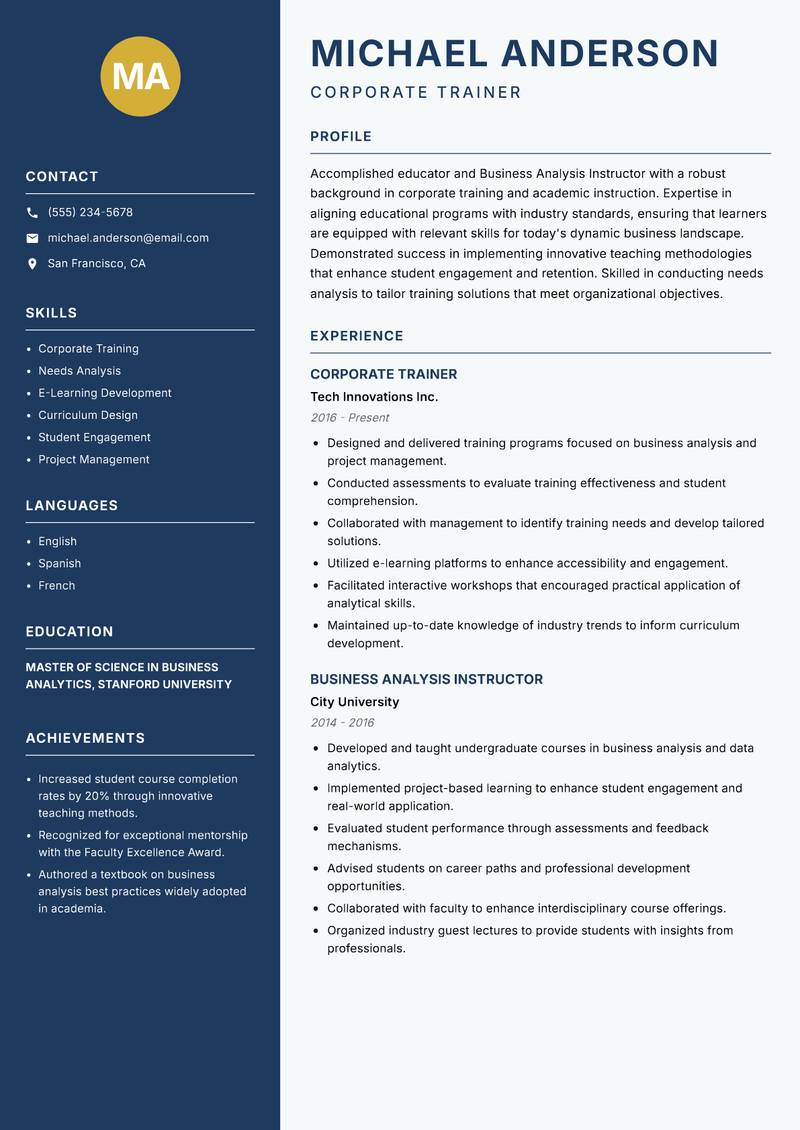 Business Analysis Instructor resume sample — Corporate Trainer focus