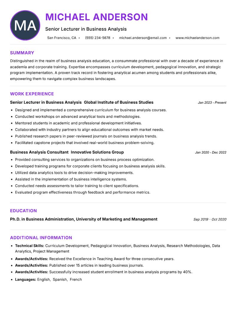 Business Analysis Lecturer resume example