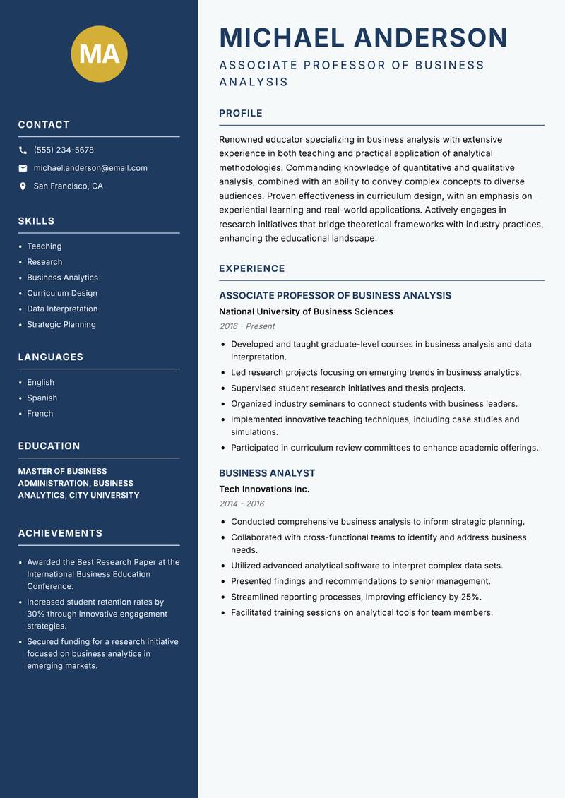 Business Analysis Lecturer resume sample — Associate Professor of Business Analysis focus