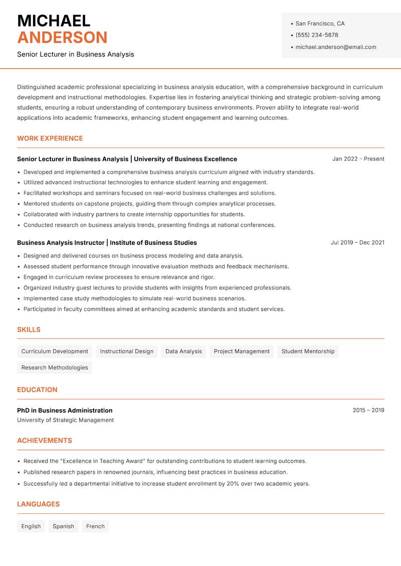 Business Analysis Lecturer resume sample — Senior Lecturer in Business Analysis focus