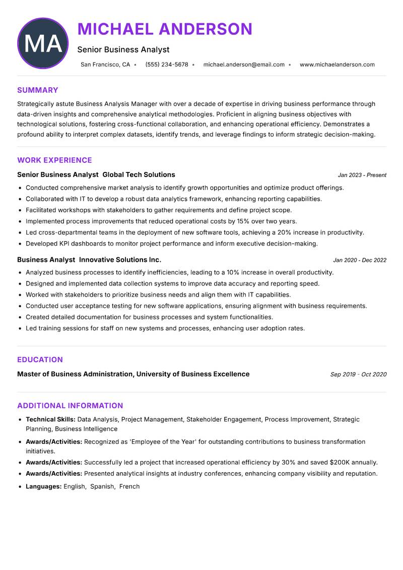 Business Analysis Manager resume example
