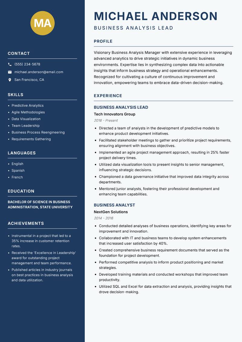 Business Analysis Manager resume sample — Business Analysis Lead focus