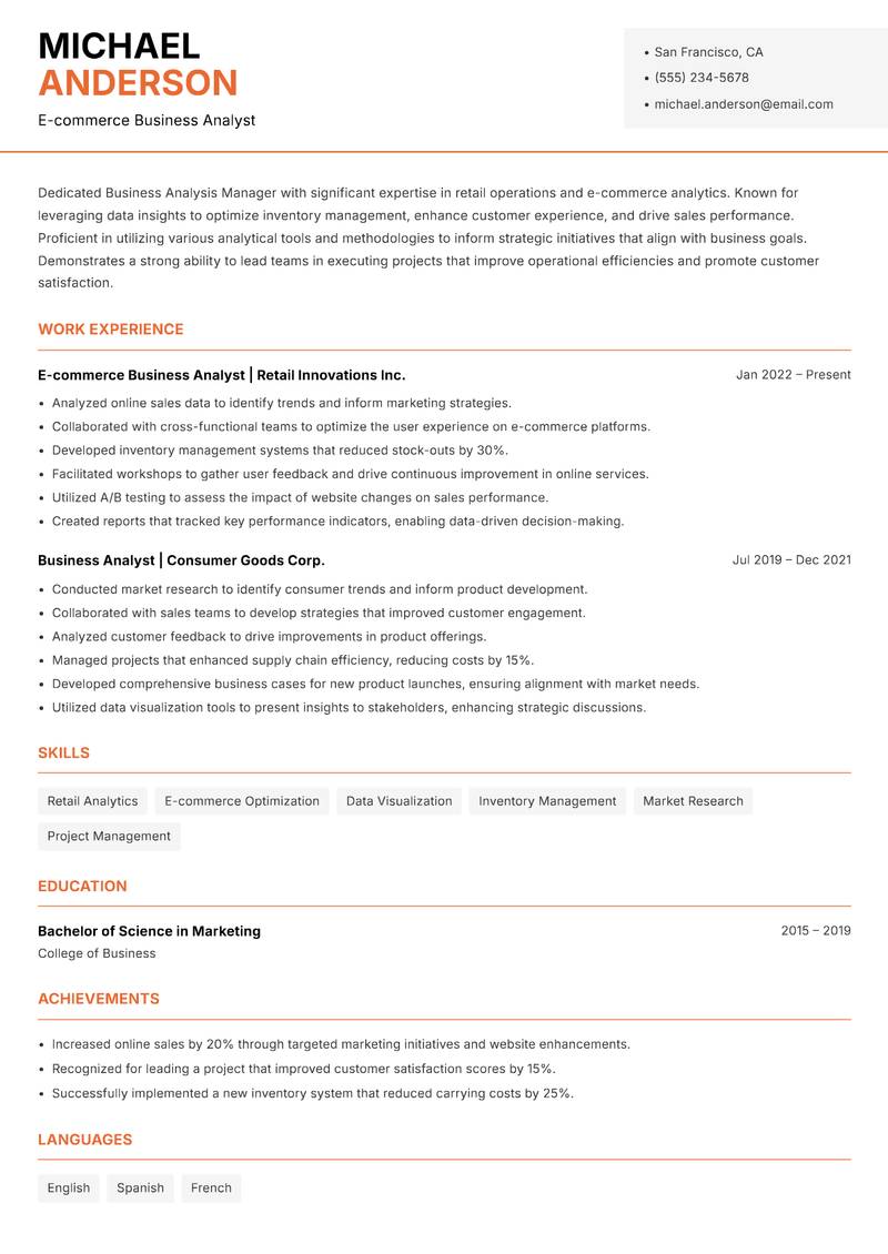 Business Analysis Manager resume sample — E-commerce Business Analyst focus