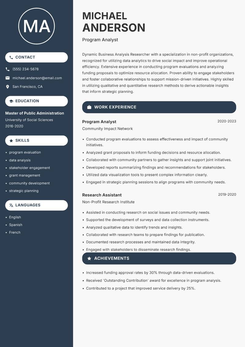 Business Analysis Researcher resume sample — Program Analyst focus