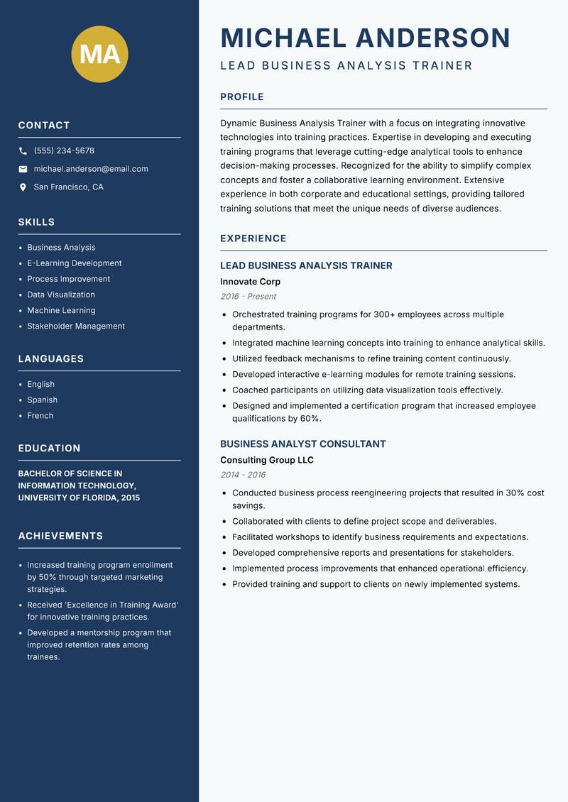 Business Analysis Trainer resume sample — Lead Business Analysis Trainer focus