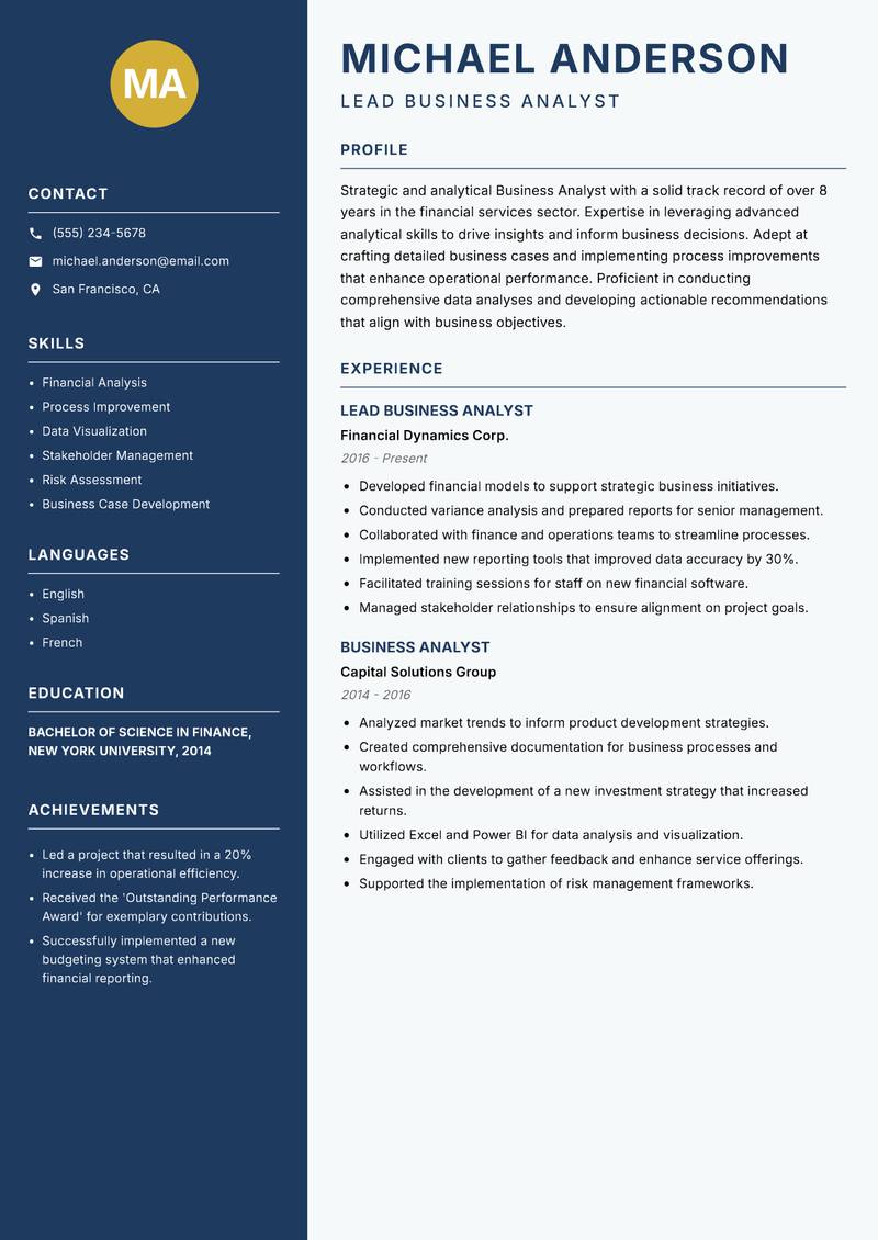 Business Analyst resume sample — Lead Business Analyst focus