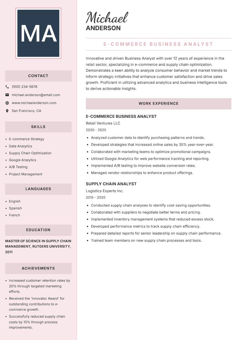 Business Analyst resume sample — E-commerce Business Analyst focus