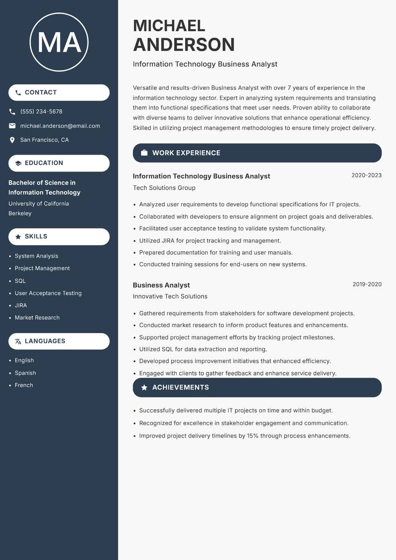 Business Analyst resume sample — Information Technology Business Analyst focus