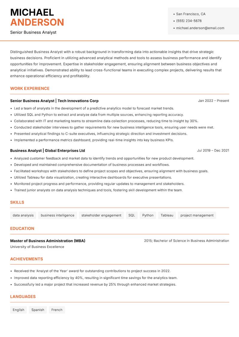 Business Analyst resume sample — Senior Business Analyst focus