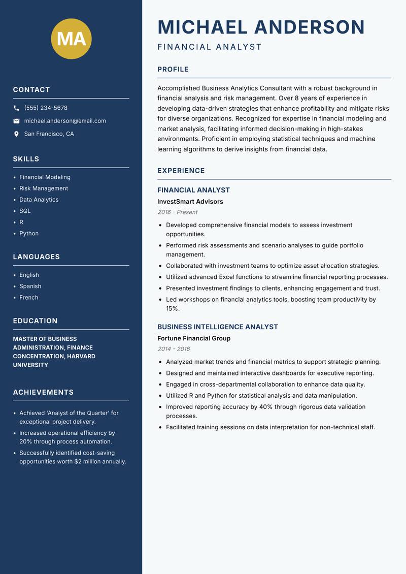 Business Analytics Consultant resume sample — Financial Analyst focus
