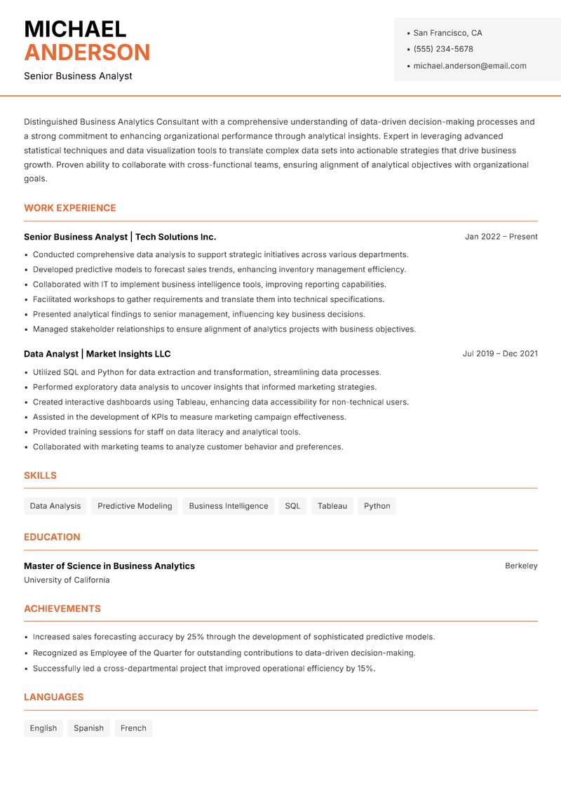 Business Analytics Consultant resume sample — Senior Business Analyst focus