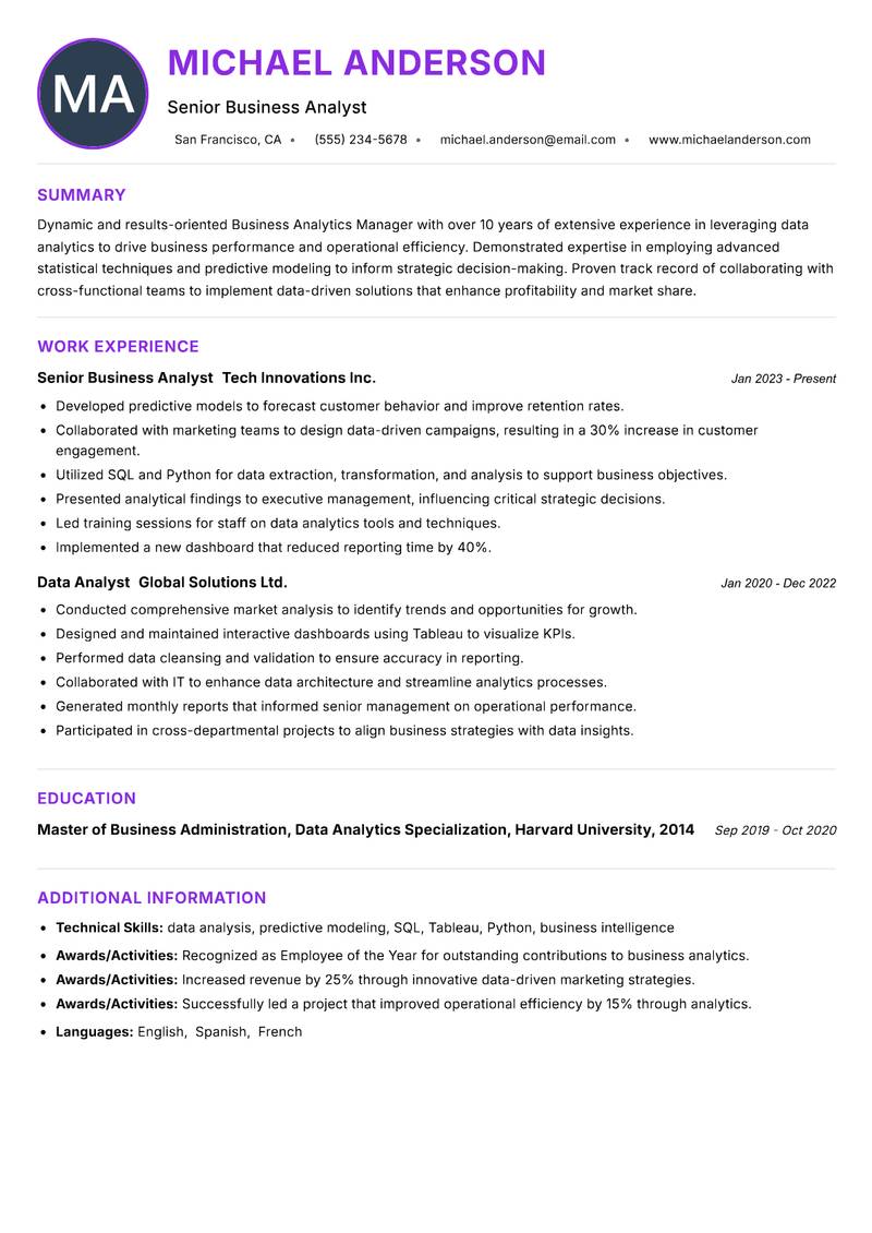 Business Analytics Manager resume example