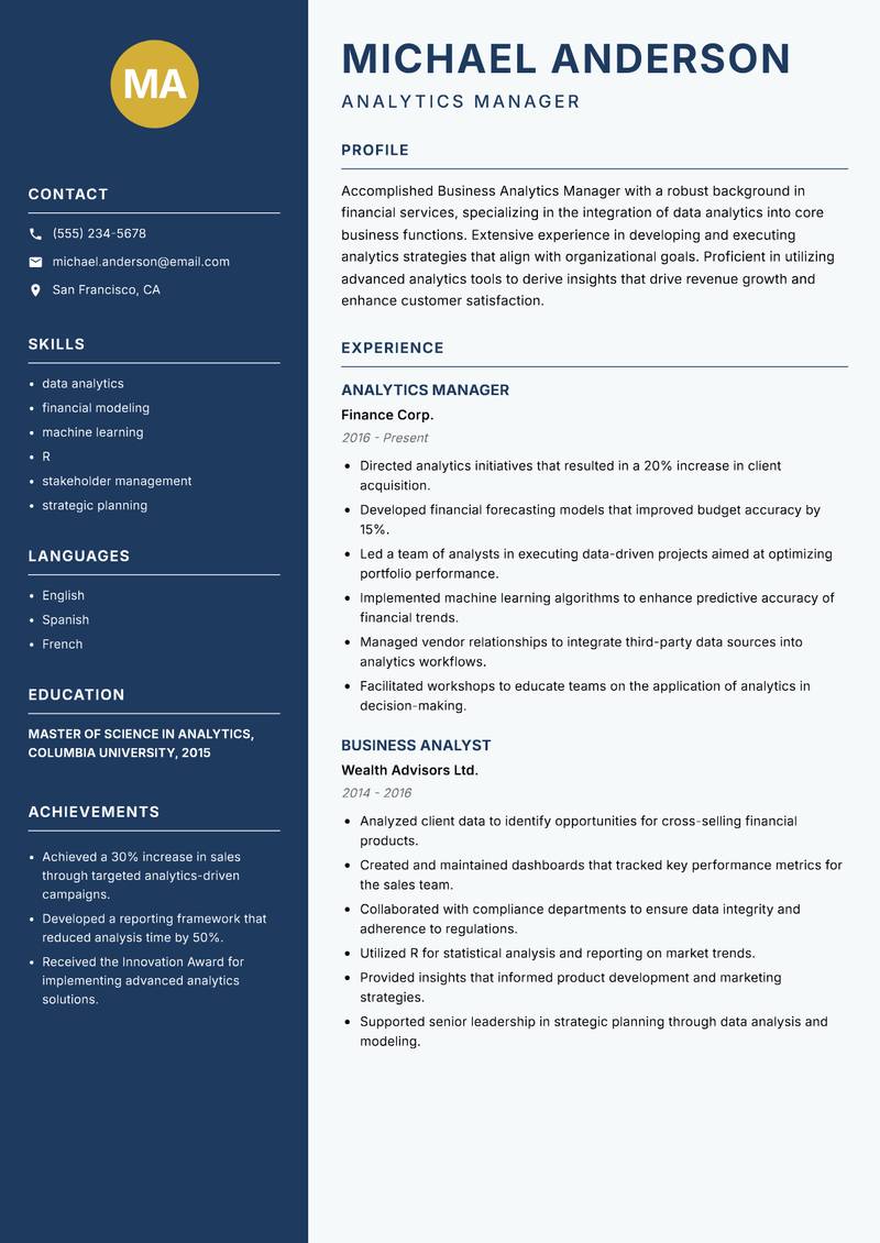 Business Analytics Manager resume sample — Analytics Manager focus