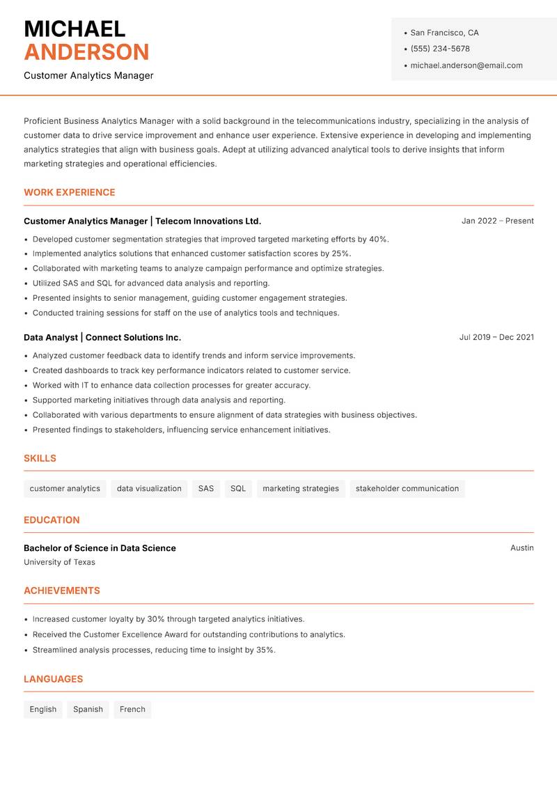 Business Analytics Manager resume sample — Customer Analytics Manager focus