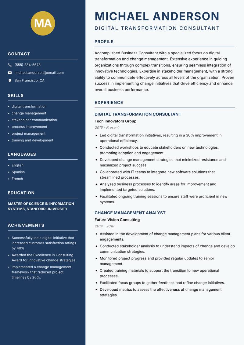 Business Consultant resume sample — Digital Transformation Consultant focus
