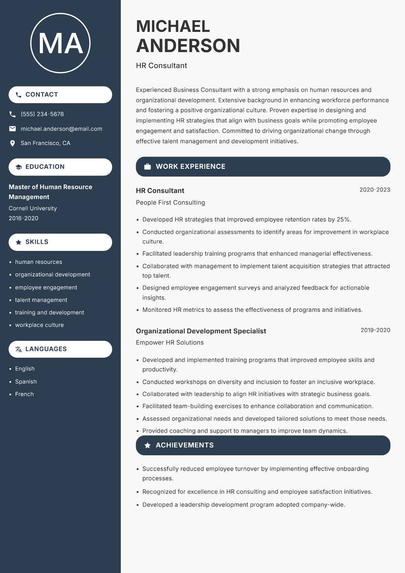 Business Consultant resume sample — HR Consultant focus