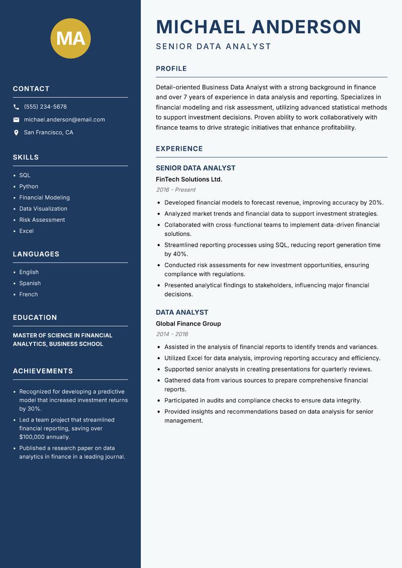 Business Data Analyst resume sample — Senior Data Analyst focus