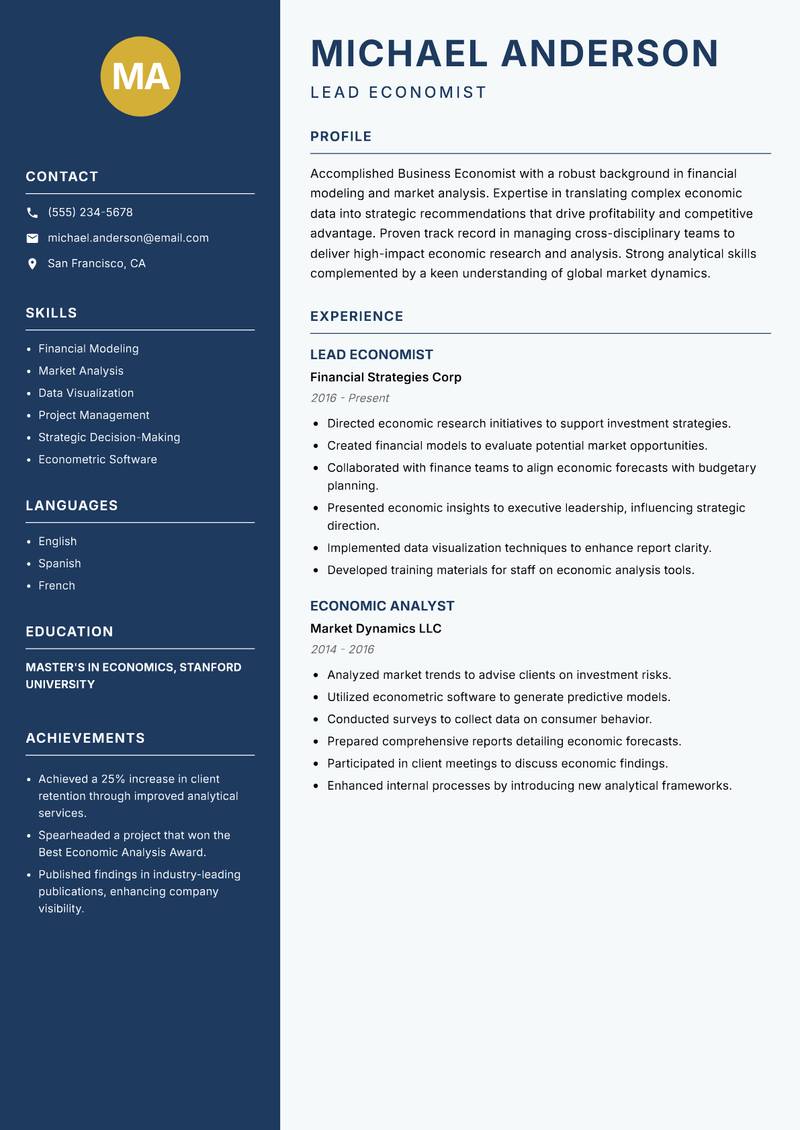 Business Economist resume sample — Lead Economist focus