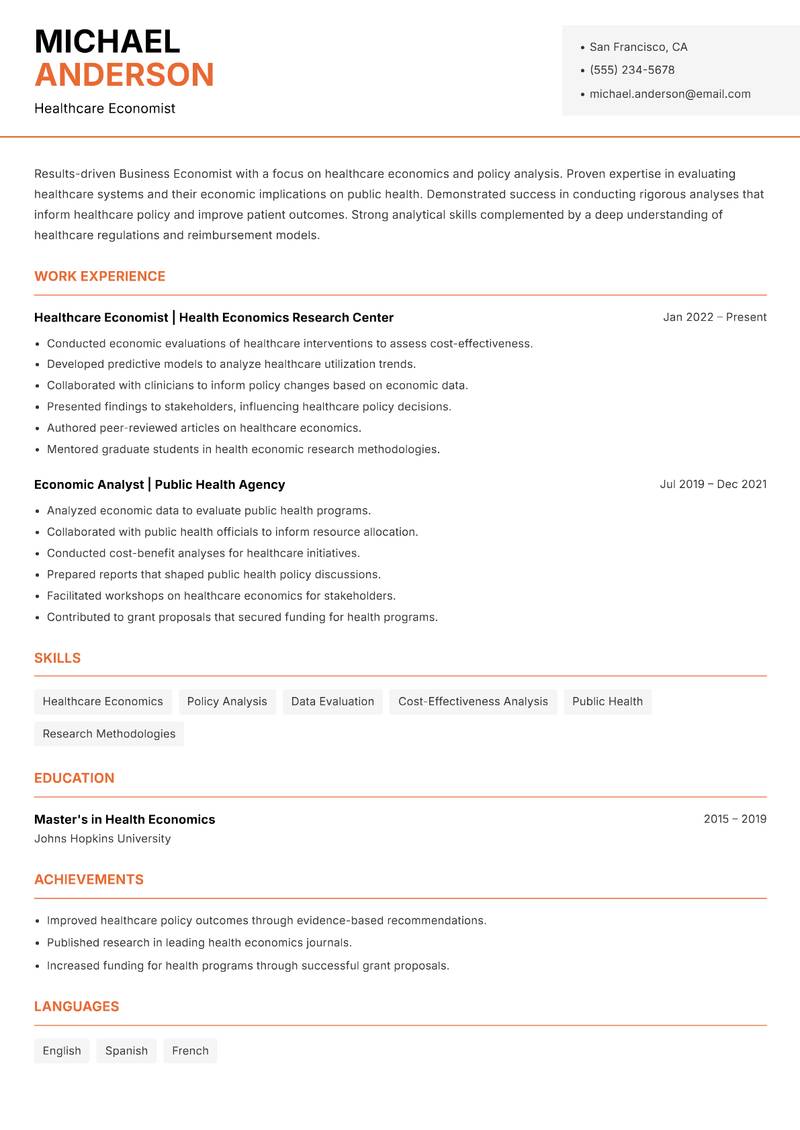 Business Economist resume sample — Healthcare Economist focus