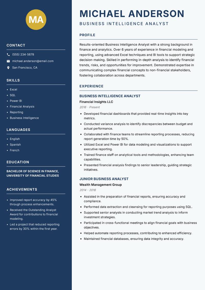 Business Intelligence Analyst resume sample — Business Intelligence Analyst focus