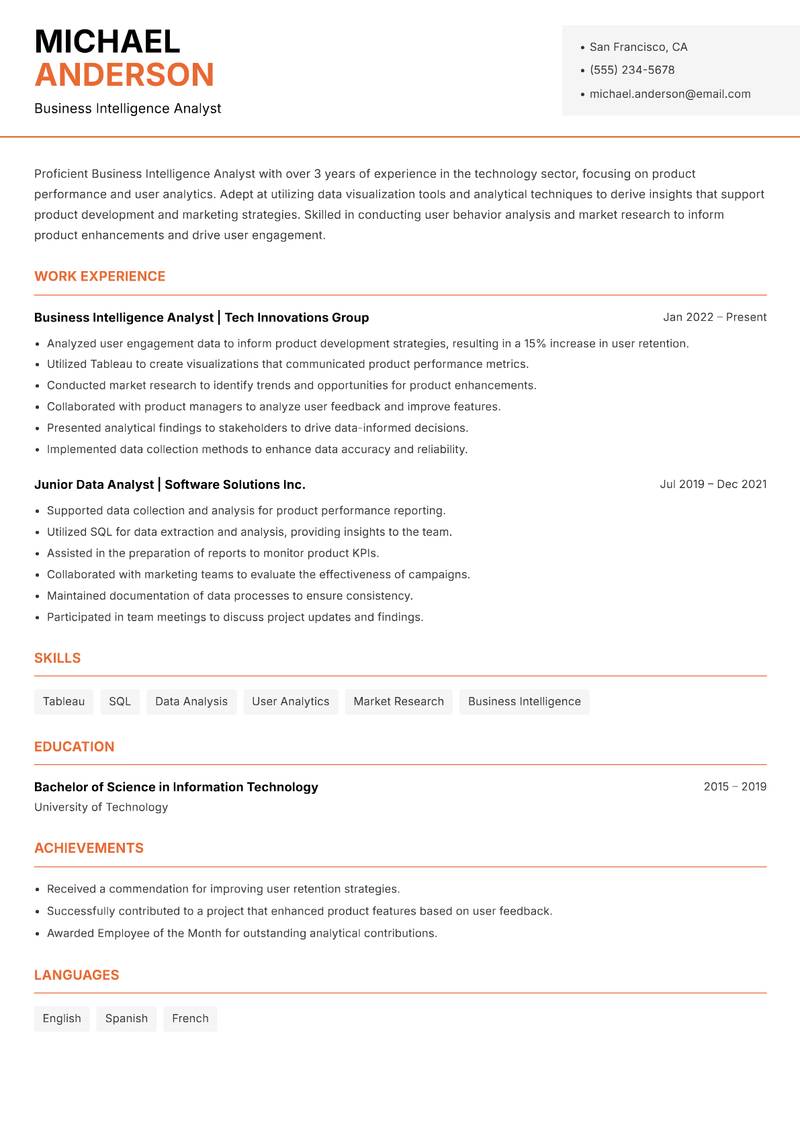 Business Intelligence Analyst resume sample — Business Intelligence Analyst focus
