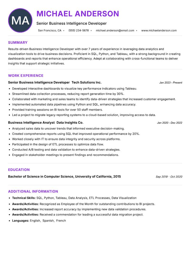 Business Intelligence Developer resume example