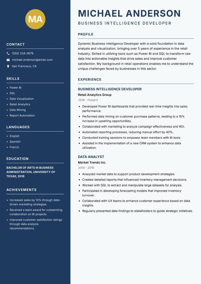 Business Intelligence Developer resume sample — Business Intelligence Developer focus