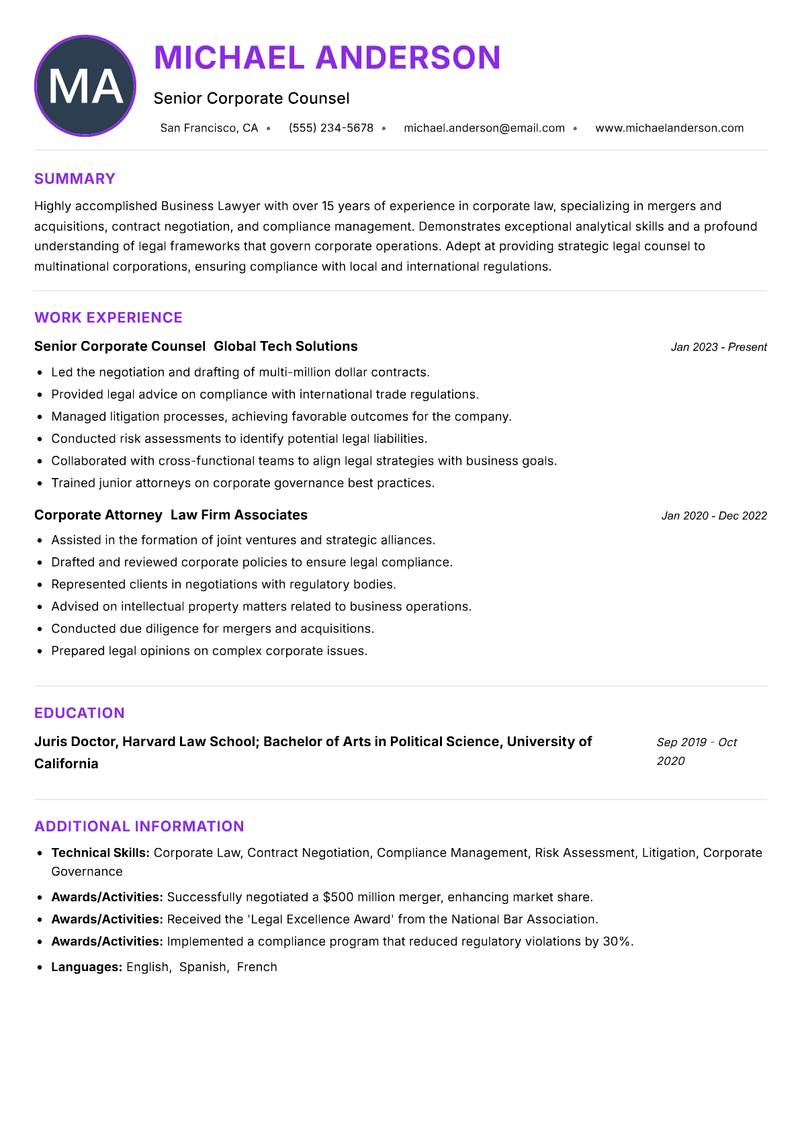 Business Lawyer resume example