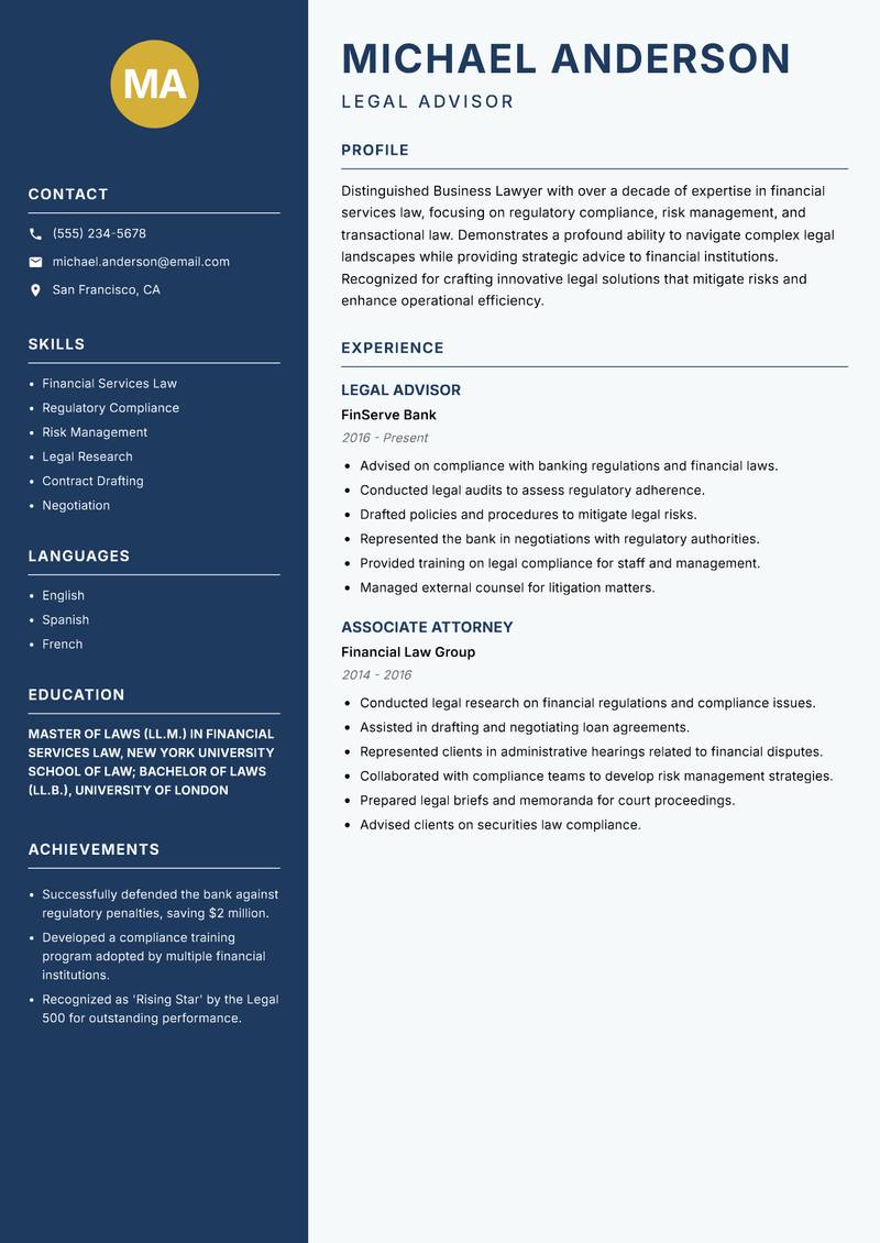 Business Lawyer resume sample — Legal Advisor focus