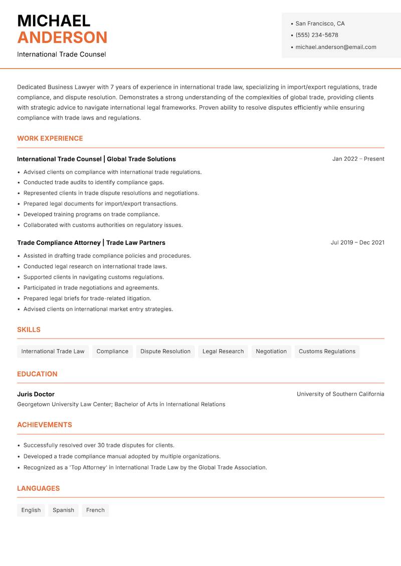 Business Lawyer resume sample — International Trade Counsel focus
