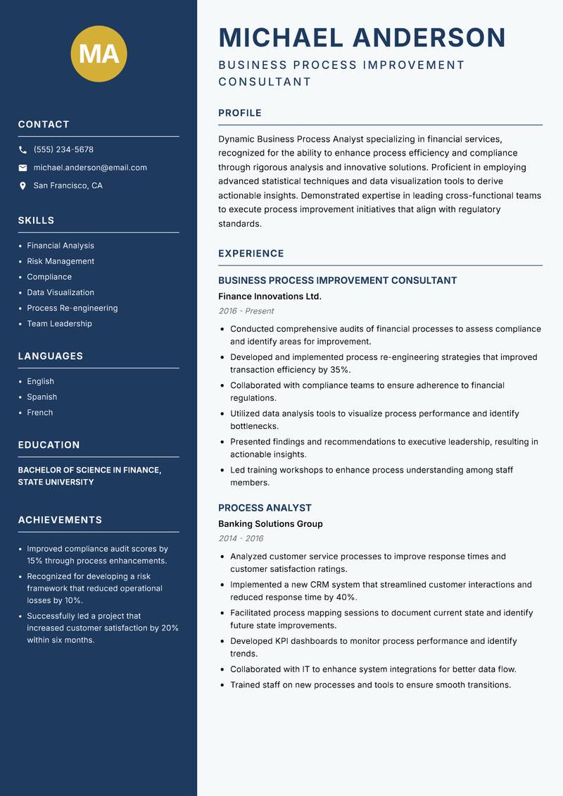 Business Process Analyst resume sample — Business Process Improvement Consultant focus