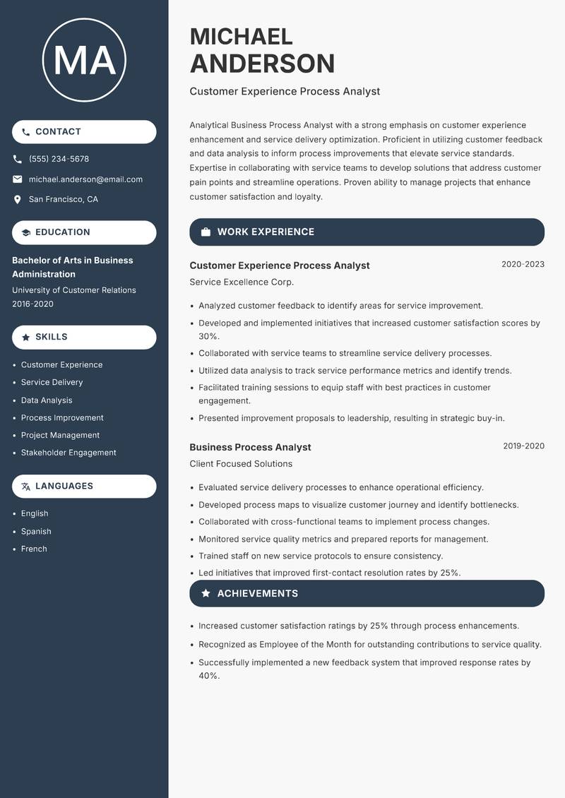 Business Process Analyst resume sample — Customer Experience Process Analyst focus