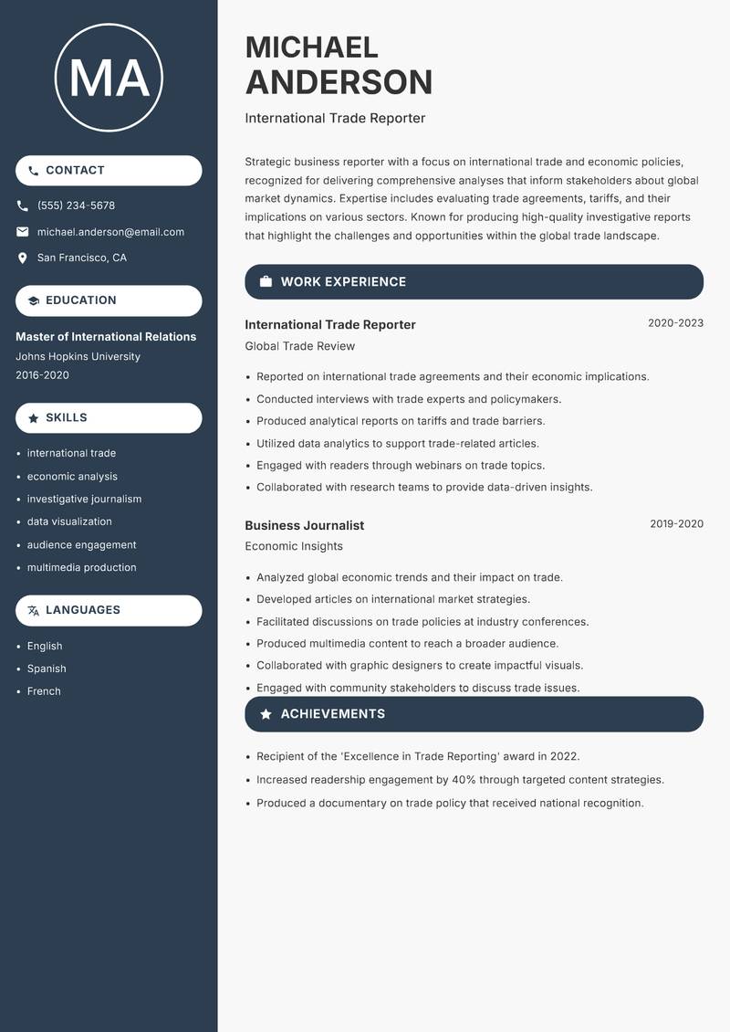 Business Reporter resume sample — International Trade Reporter focus