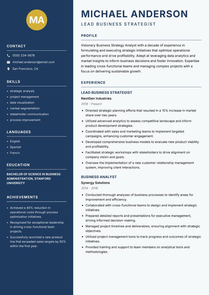 Business Strategy Analyst resume sample — Lead Business Strategist focus