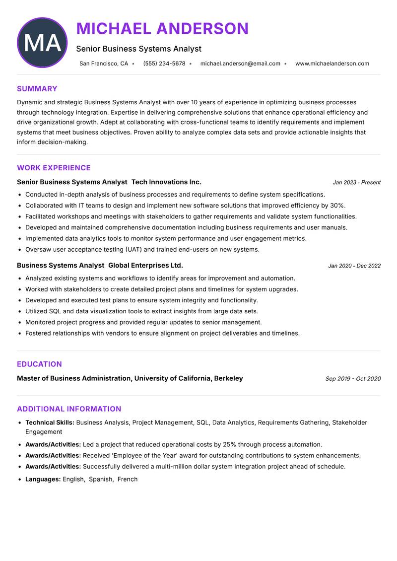 Business Systems Analyst resume example